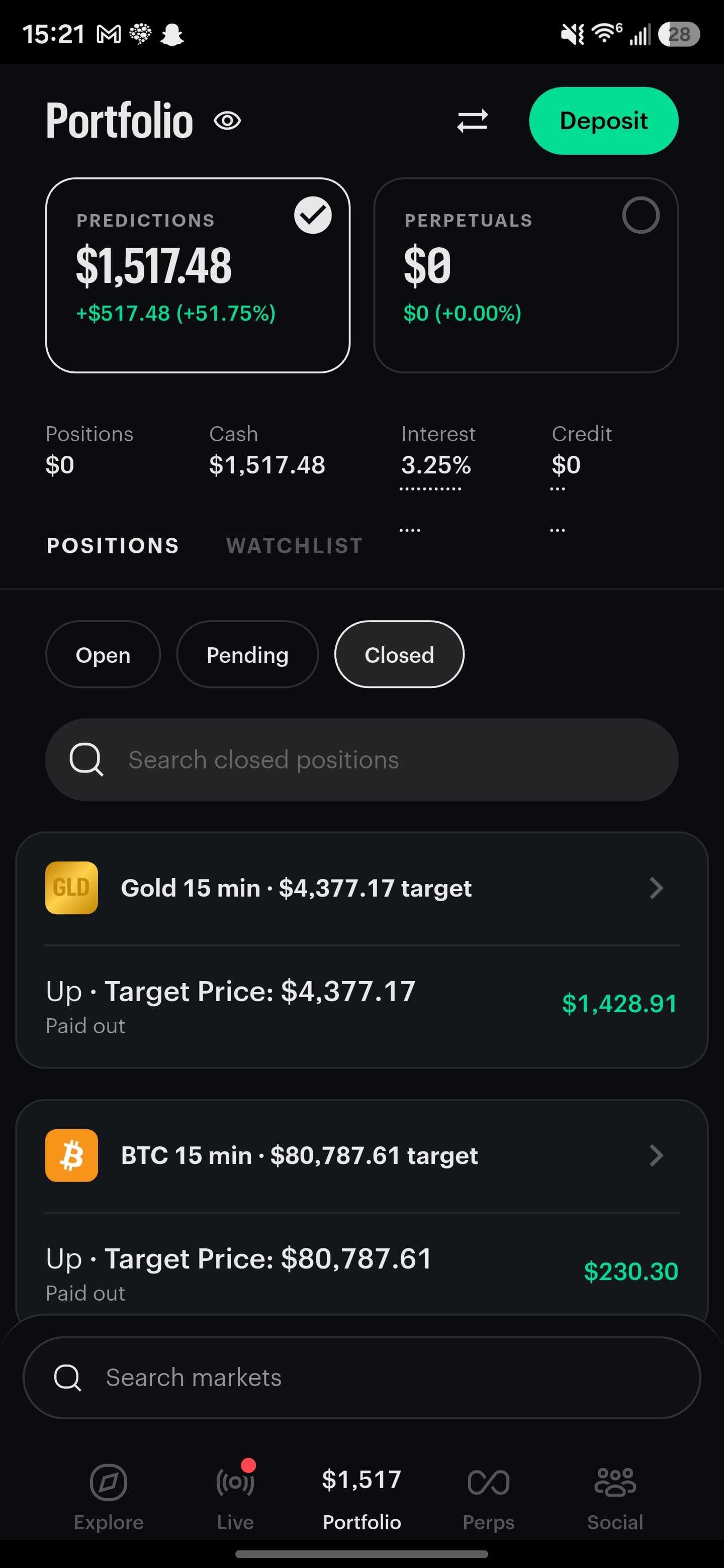 Kalshi portfolio showing $1,517.48 and a displayed change of +$517.48, with closed Gold and BTC positions showing payouts of $1,428.91 and $230.30.